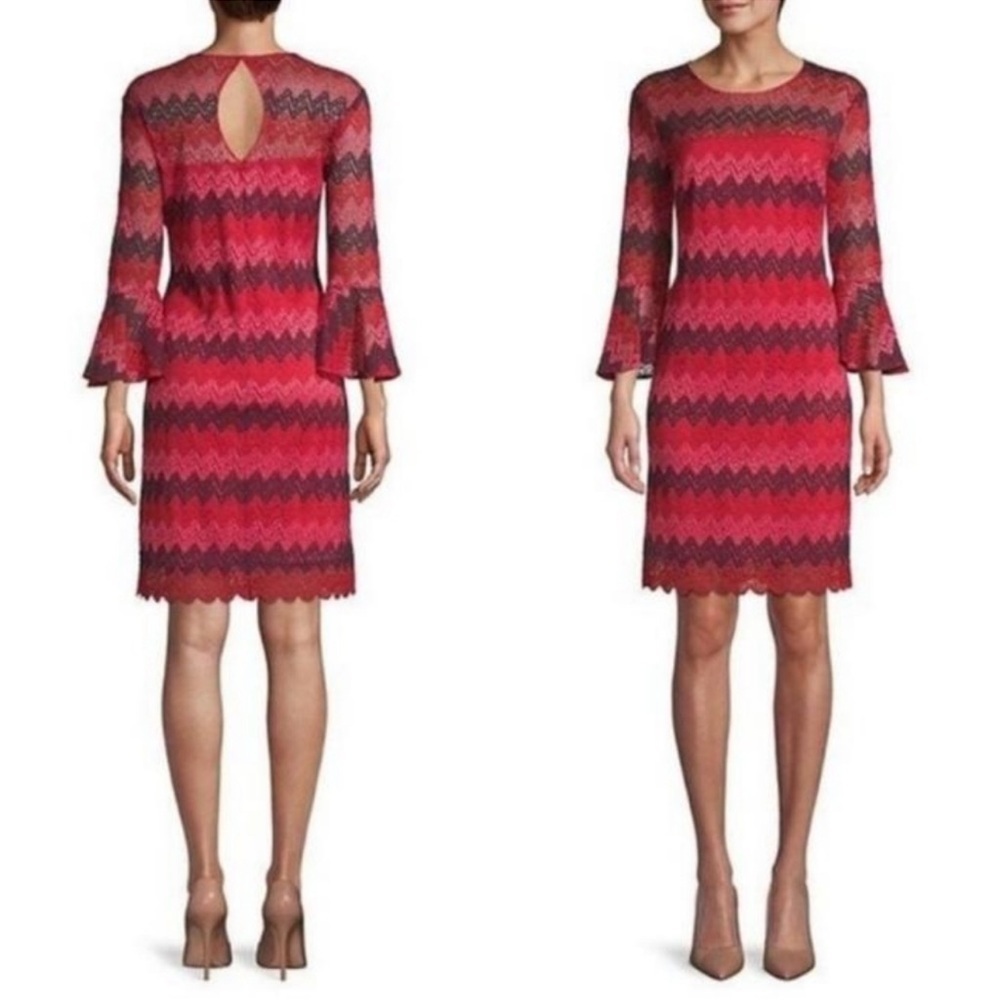 NWT Trina Turk Lovey Red & Black Chevron Bell Sleeve Dress Size 0